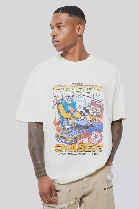 OVERSIZED MOTO RALLY RACER PRINT T-SHIRT