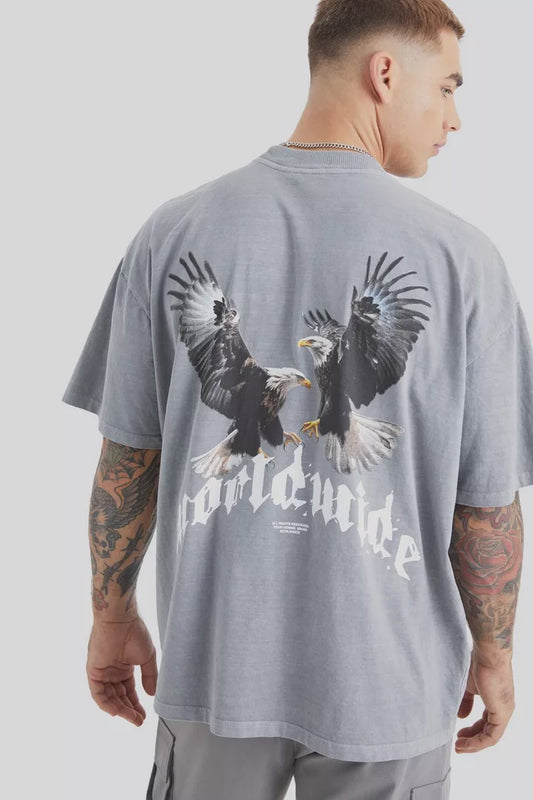 OVERDYED OVERSIZED EXTENDED NECK EAGLE GRAPHIC T-SHIRT